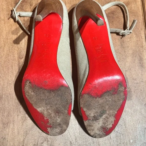 Beige Linen Peep-Toe High Heels with Ankle Strap - Sz 40 - Picture 4 of 8